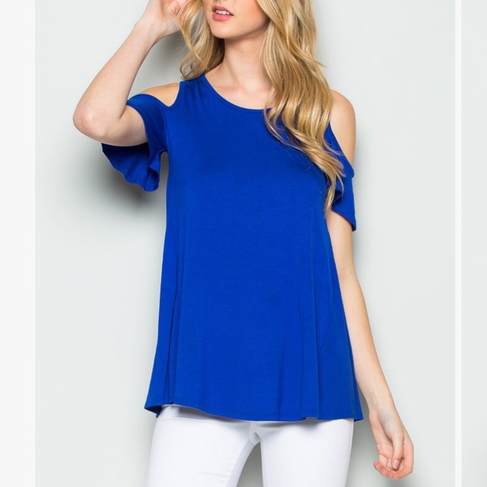 Royal Blue Shoulder-Cutout Short Ruffle-Sleeve Top, M